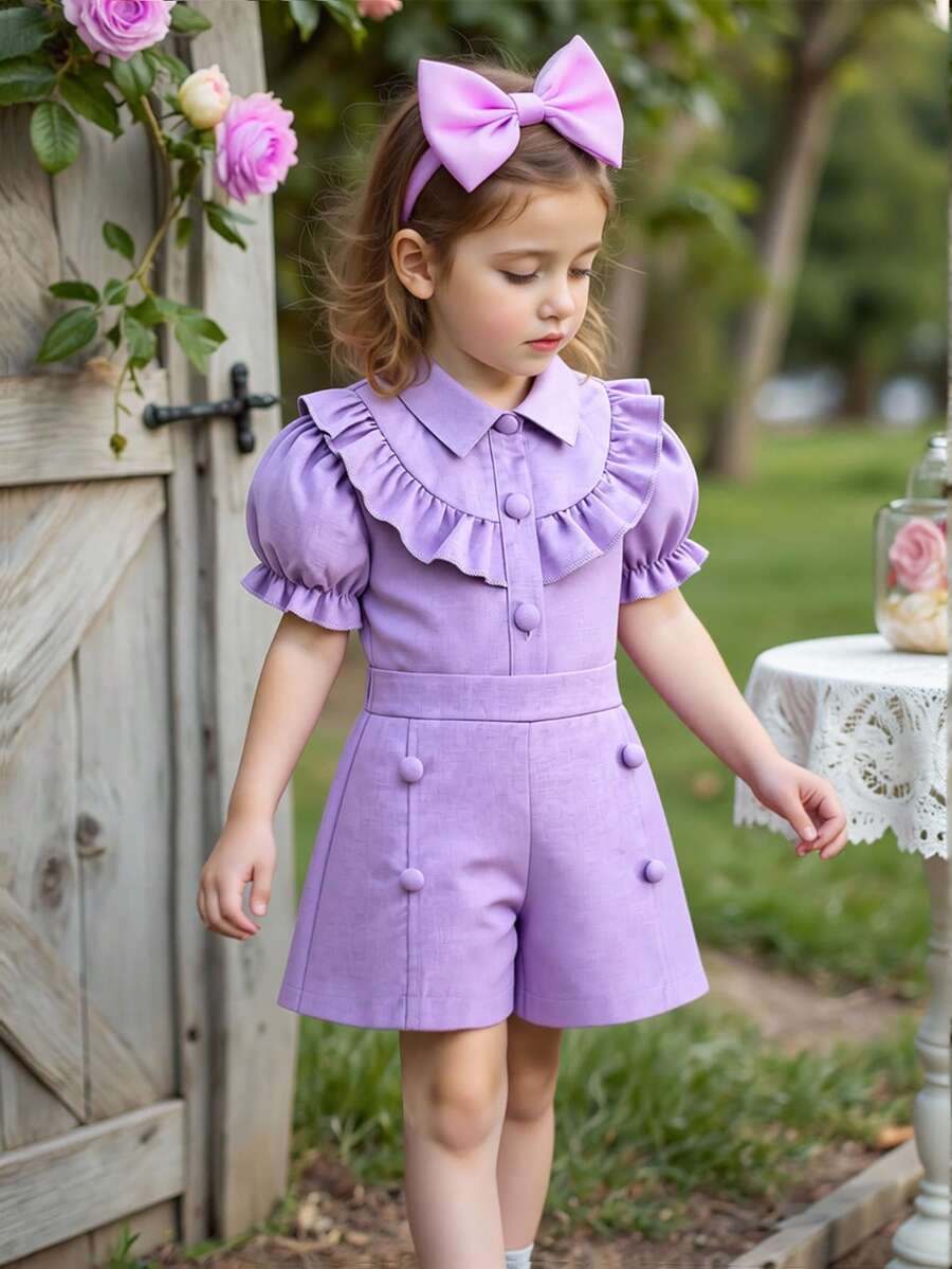 2pcs/Set Girls Ruffle Solid Color Gigot Sleeve Button Collar Short Sleeve Blouse + Casual Solid Color Shorts Ladylike Outfit - Purple - View 1