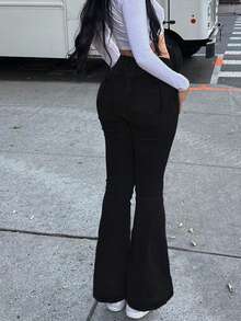 GILIPUR High-Waisted Flare Fit Black Jeans, Stretchy Y2K Style Women's Pants, Elegant Casual Streetwear Bottom - Black - View 8