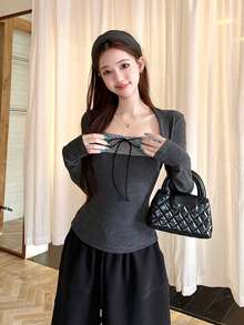 休闲条纹拼接T恤，秋季 - 灰色 - 查看 6