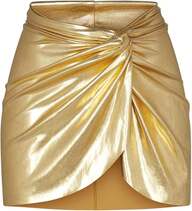Metallic Swimsuit Sarong Mini Skirt For Women - Sexy Rave Bikini Beach Cover-Up Swim Short Wrap Bathing Suit(Gold, L, 10252e)