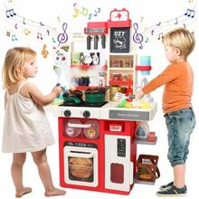 JCH-Nasjac Juguete de Cocina para Niños 63 Piezas Juego de Imaginación Cocinas con Luces Sonido y Spray Juguete de Corte Cocina Cocinas de Inducción de Fregadero Regalo de Navidad Niño Niña 3+ Años - Rojo - Ver 2