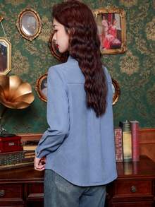 Women's Vintage Plaid Long-Sleeved Shirt With A Polo Collar And Chest Pocket - Red Plaid Pattern, Paired With Brown Belted Jeans, Red Lipstick, Elegant Home Decor, And A Vintage Shirt. - Blue - View 3