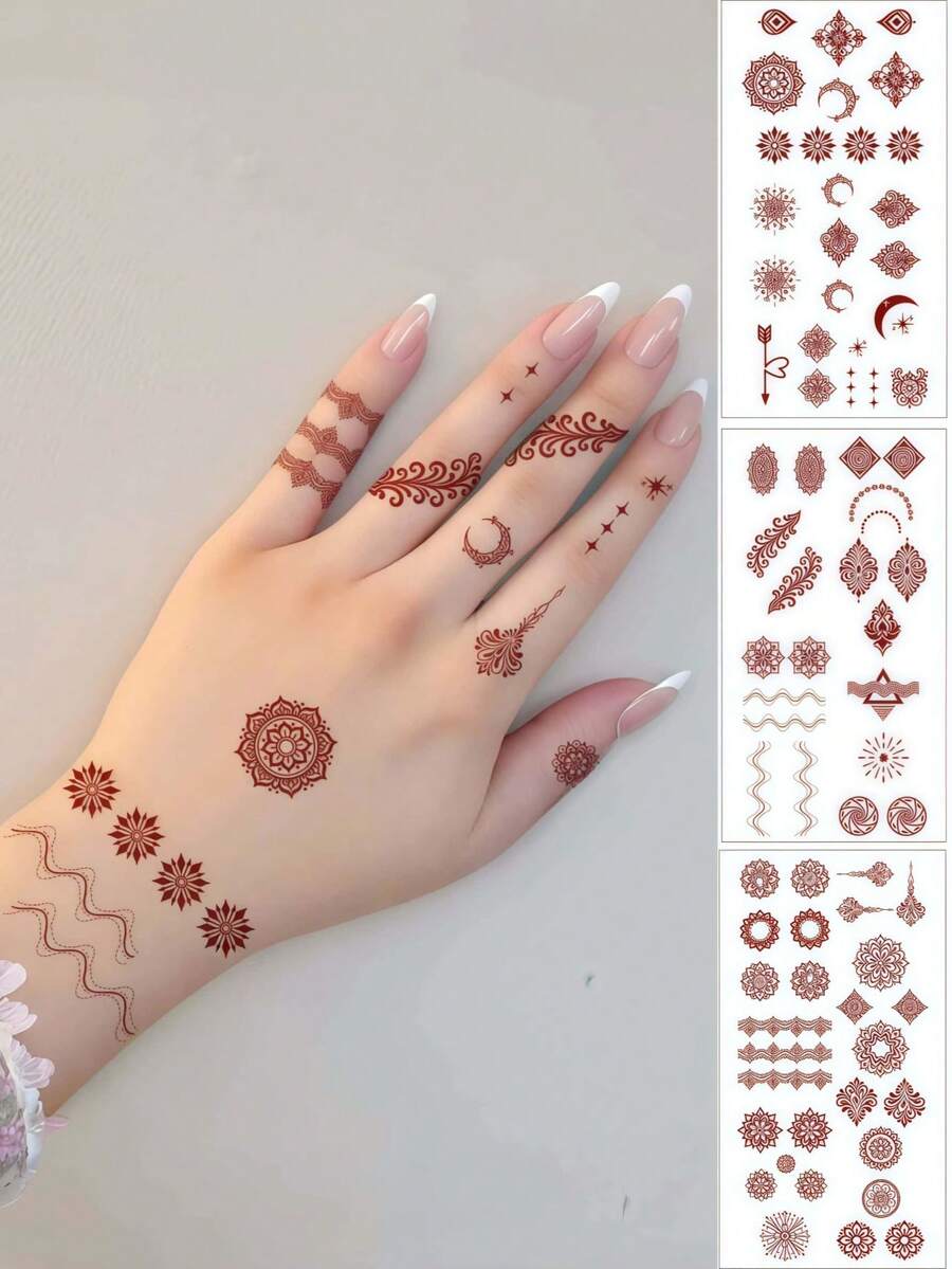 3 hojas de pegatinas de tatuaje de henna marrón, tatuajes temporales de henna, tatuajes de mandala impermeables para manos, para maquillaje de mujeres, bodas, novias, festivales, vacaciones, atuendos, favores y accesorios musulmanes - Marrón - Ver 1