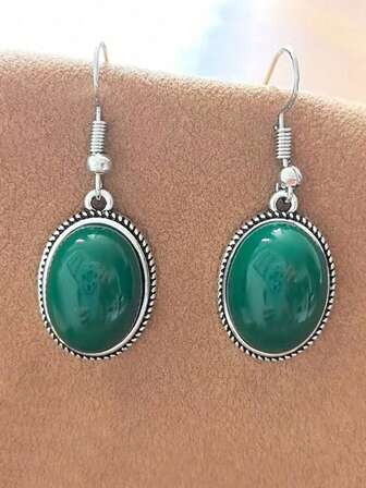 1 paire de boucles d'oreilles ovales vintage plaquées argent avec faux pierres précieuses, boucles d'oreilles ovales mode disponibles en noir, vert, blanc