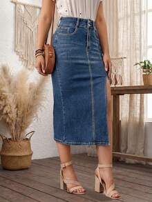Women's Casual Long Denim Skirt With Front Slit Medium Stretch Straight Fit Blue Jeans Skirt - Blue - View 1