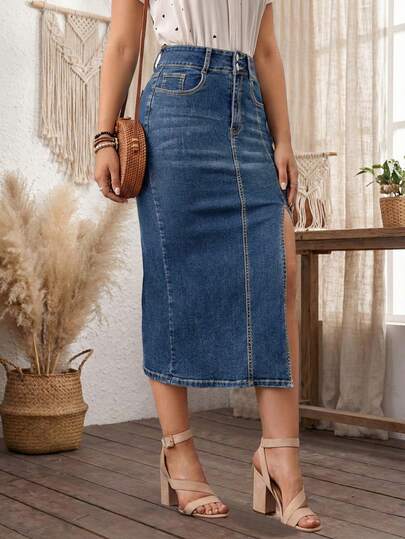 Women's Casual Long Denim Skirt With Front Slit Medium Stretch Straight Fit Blue Jeans Skirt