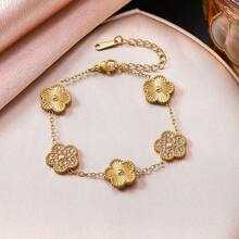 Bộ trang sức mạ vàng 18K bằng thép không gỉ hình hoa 5 cánh, gồm vòng tay, dây chuyền và bông tai, thiết kế hoa văn tinh tế, sang trọng dành cho nữ, phù hợp cho các bữa tiệc và sử dụng hàng ngày. - Vàng - Xem 2