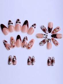 24 Stücke/Set elegante braune Leoparden Farbverlauf Französisch 3D Blumen Wellen verzierte mandelförmige Nagel-Sticker, inklusive Gel-Nagellack und Nagelfeile, geeignet für Mädchen/Frauen für den täglichen Gebrauch, Partys, Herbst Nagel-Zubehör - Verschiedenfarbig - Übersicht 2