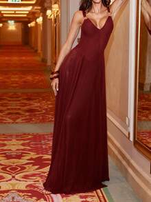Summer Long Double-Layer Mesh A-Line Dress, Elegant Resort Style Party & Valentine's Day Outfit For Women - Burgundy - View 3