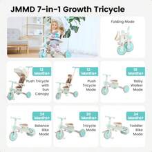 JMMD - Triciclo para bebé multifuncional 7 en 1 con asa ajustable para padres arnés de  y frenos de rueda toldo extraíble de paseo para niños y niñas de 18 meses a 5 años color menta - Menta - Ver 2