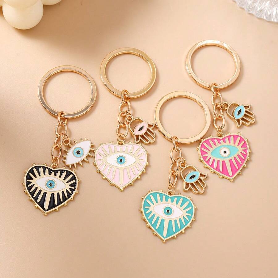 1pc Women's Alloy Devil's Eye & Heart Palm Keychain, Fashionable Personalized Accessory Bag Charm - Multicolor - View 1