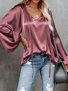 Plus Size Women's Solid Color V-Neck Drawstring Casual Long Sleeve Shirt Pink Spring - Pink - View 3