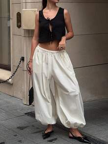 Women's White Drawstring Wide Leg Palazzo Pants, Elastic Waist, Loose Fit, Suitable For Beach, Vacation, Casual Everyday Wear - White - View 9