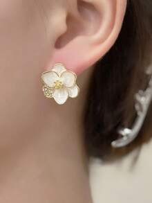1 件时尚 3D 釉面花朵耳钉，简约设计时尚耳环配件，百搭而优雅 - 金色 - 查看 6