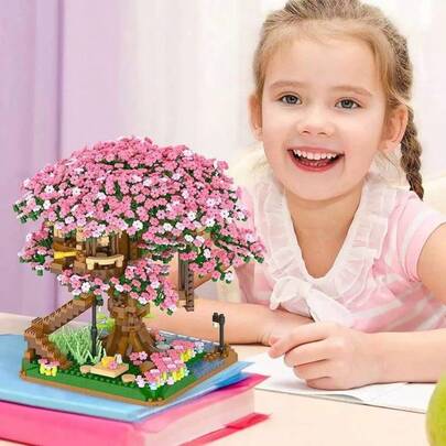 2008pcs Cherry Blossom Tree House/Rainbow Tree House DIY Creative Assembly Building Blocks Micro Particle Building Block Set, Indoor Home Decor, Desktop Ornament, Birthday/Halloween/Christmas Gift