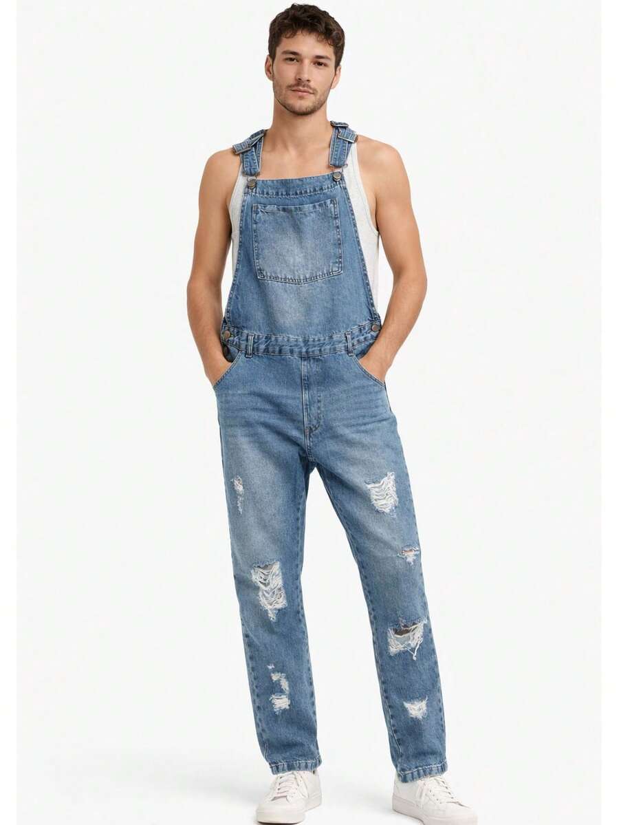 Men's Overalls With Splatter Print - Xanh và trắng - Xem 1
