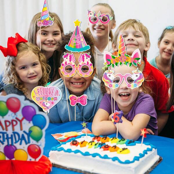 30pcs Paper Photo Booth Props Set - Includes Glasses And Crowns, Pink And Rainbow Colors, Various Shapes Design, Fun Interactive Decorations - Essential For Girls' Party And Birthday