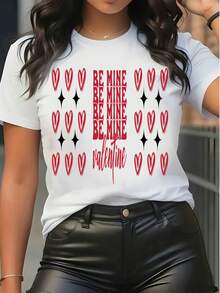 Camiseta gráfica "Sé mía" para el Día de San Valentín, camiseta casual de manga corta y cuello redondo para mujer, con estampado de corazón, corte holgado para fiesta festiva, citas - Blanco - Ver 1