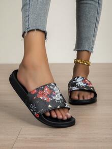 Women's Summer Home Slippers, Vacation Style, Hotel Bathroom Shower Flat Sandals, Black - Black - View 3