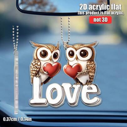 使用前请务必撕掉产品表面的保护膜。（2D平面）1个/4个装情人节猫头鹰心形爱心图案亚克力挂件，适用于汽车装饰、家居节日装饰、派对、生日装饰、背包挂件、情人节礼物