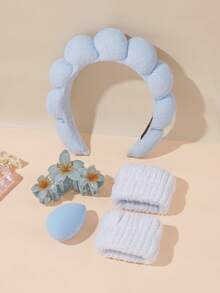 5pcs Women's Velvet Headband Wash Set, Includes Sponge Spa Headband For Face Washing, Wristband, Large Flower Hair Clip, Fluffy Makeup Cleansing, Mask & Skincare/Haircare Accessories, Comes In Elegant Gift Box For Party Or Daily Use - Multicolor - View 6