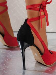 Women's Pointed Toe Suede Criss-Cross Strap Stiletto High Heel Pumps, Minimalist Comfortable Versatile Color Block Dress Shoes, Spring/Summer - Red - View 6