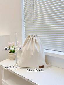 New Canvas Drawstring Backpack, Shoulder Bag With Pockets, Shopping/Student Bag, Back To School - Beige - View 8