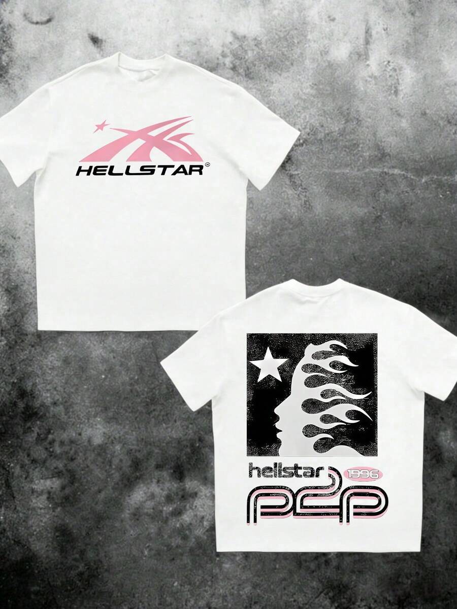 1pcs Y2K Flame Star Graphic 220g Tee Vintage Street Style 100% Cotton Men Clothes, Double Sided Graphic Mens Shirts, Retro Space Flame Printed T Shirt Gifts For Men, Summer Outfits, Streetwear - 白色 - 查看 1