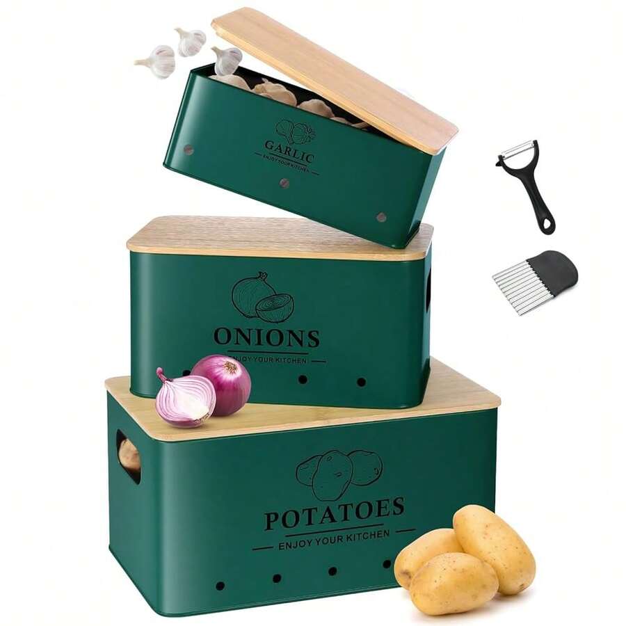 Kitchen Vegetable Storage Set Of 3, Metal Onion Garlic Potato Storage Set, Kitchen Canisters Vegetable Keeper Containers With Aerating Holes And Wooden Lid (Alpine Green) - 高山綠 - 查看 1