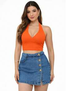 Saia Short Jeans Feminina – Modelo Transpassado com Botões, Cintura Alta - Lavagem Média - Visão 4