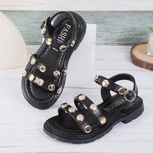 2026夏季新款儿童平底凉鞋，女童休闲时尚百搭圆头软底舒适平底凉鞋，学生凉鞋，公主凉鞋，女童时尚沙滩凉鞋 - 黑色 - 查看 1