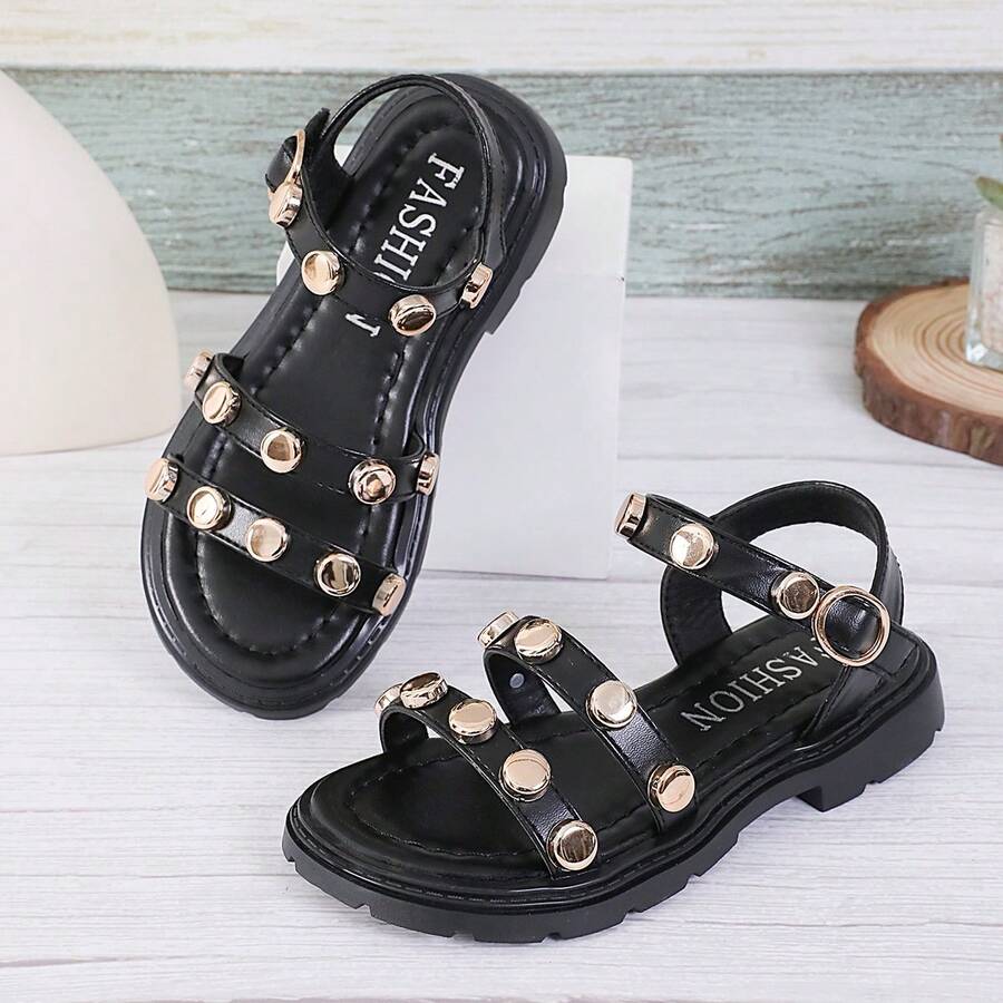 2026夏季新款儿童平底凉鞋，女童休闲时尚百搭圆头软底舒适平底凉鞋，学生凉鞋，公主凉鞋，女童时尚沙滩凉鞋 - 黑色 - 查看 1