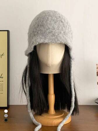 1 st höst/vinter våffelstickad hinkhatt, ny design med stickad blandning, knytband, ansiktsram, varm stickad mössa, hörselskydd, mångsidig, grå stickad mössa, mjuk och mysig, stor huvudomfång, hinkhatt, varm trapperhatt