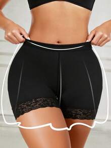 1Pc/2Pcs Women Sexy Butt Lifting Tummy Control Lace Trim Padded Shapewear Panty,Detachable Sponge Padding For Daily Wear - 黑色 - 查看 3