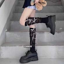 1双优雅芭蕾舞风格蕾丝流苏女士长筒袜，带蝴蝶结装饰 - 透气时尚，适合春夏穿着，涤纶混纺，可爱袜子，学院风JK绒面袜 - 彩色 - 查看 2