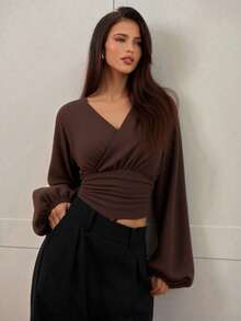 Women's New Elegant Casual Fashion Front Pleated Deep V Wrap Fitted Blouse - Deep V, Pleated Cuffs, Long Sleeve, Waist Bow Tie, Wrap Blouse, Lightweight Plain Weave Fabric - Brown - View 1