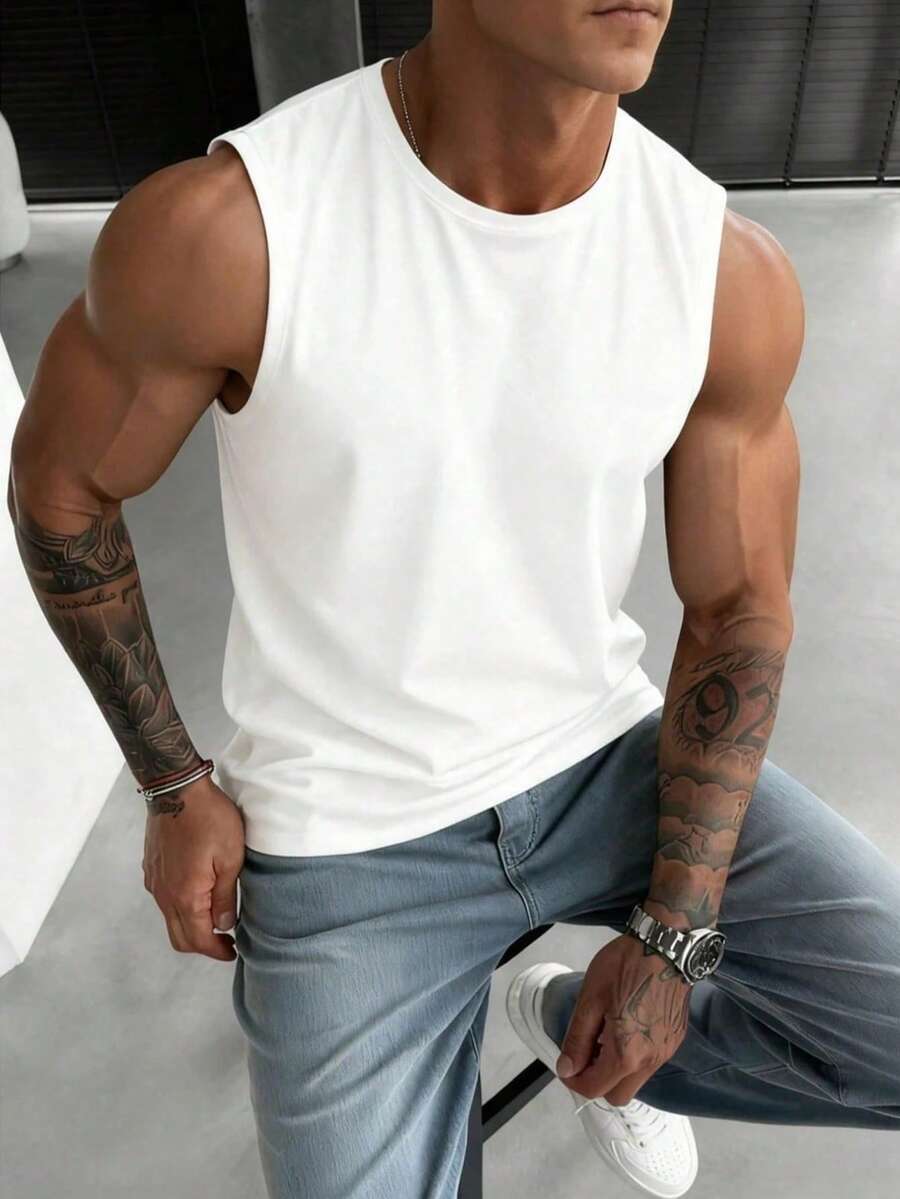 Men's Summer Round Neck Casual Sleeveless Tank Top - White - View 1