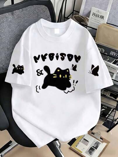 Camiseta de manga corta con estampado de gato de dibujos animados para mujer de talla grande, verano