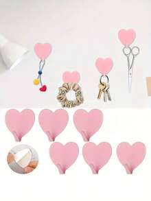6pcs Self-Adhesive Heart-Shaped Wall Hooks - No Drilling, Damage-Free Removal, Heavy-Duty Metal Hooks With Adhesive Backing, For Hanging Coats, Hats, Bags - Fashionable Decorative Clothing Rack, Suitable For Bathroom, Bedroom (Rental/Owned), Practical Hooks - Pink - View 1