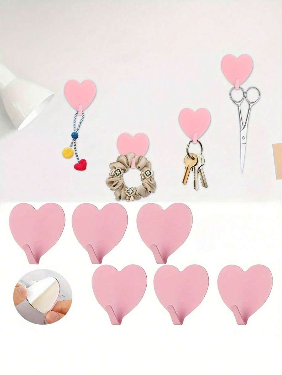6pcs Self-Adhesive Heart-Shaped Wall Hooks - No Drilling, Damage-Free Removal, Heavy-Duty Metal Hooks With Adhesive Backing, For Hanging Coats, Hats, Bags - Fashionable Decorative Clothing Rack, Suitable For Bathroom, Bedroom (Rental/Owned), Practical Hooks - Pink - View 1