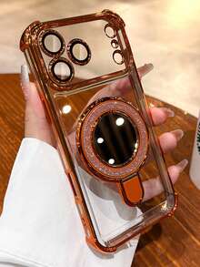 奢华电镀闪粉透明支架手机壳，兼容 17 Pro Max、17 Pro、17、16 Pro Max、16 Pro、16、16、15 Pro Max、15 Pro Max、15 Pro、15 Pro Max、14 Pro、13 Pro Max、12 Pro Max、11，时尚电镀透明摄像头保护后盖 - 橘色 - 查看 5