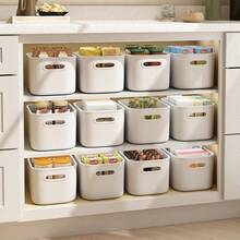 8 paquete de contenedores de almacenamiento blancos con tapas para estantes, contenedores de almacenamiento blancos con tapas para organizar, caja de almacenamiento con asa, cubeta de plástico apilable blanca para el aula, manualidades, aperitivos - Blanco - Ver 7