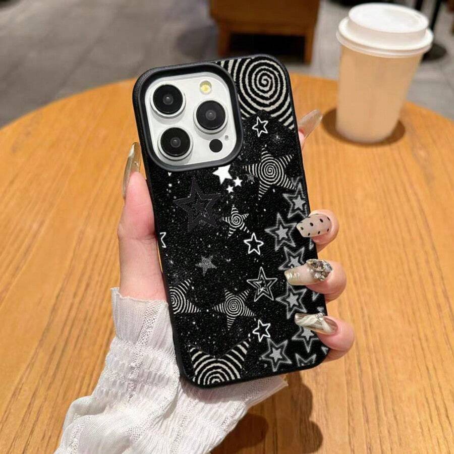 1pc TPU Material Dark Star Pattern Phone Case Compatible With Iphone 17 Pro Max/17/16 Pro Max/15/13/12/11, S20 FE/A15/S24/A55, Redmi Note 11/Note 12/Note 13 Pro, Full Coverage Anti-Drop Soft Protective Phone Cover - Black - View 1
