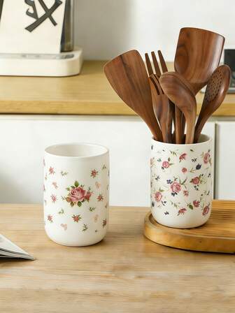 1 pieza Tarro de almacenamiento de cerámica con rosa inglesa, portautensilios, apto para almacenamiento de cocina, almacenamiento de vajilla, decoración del hogar