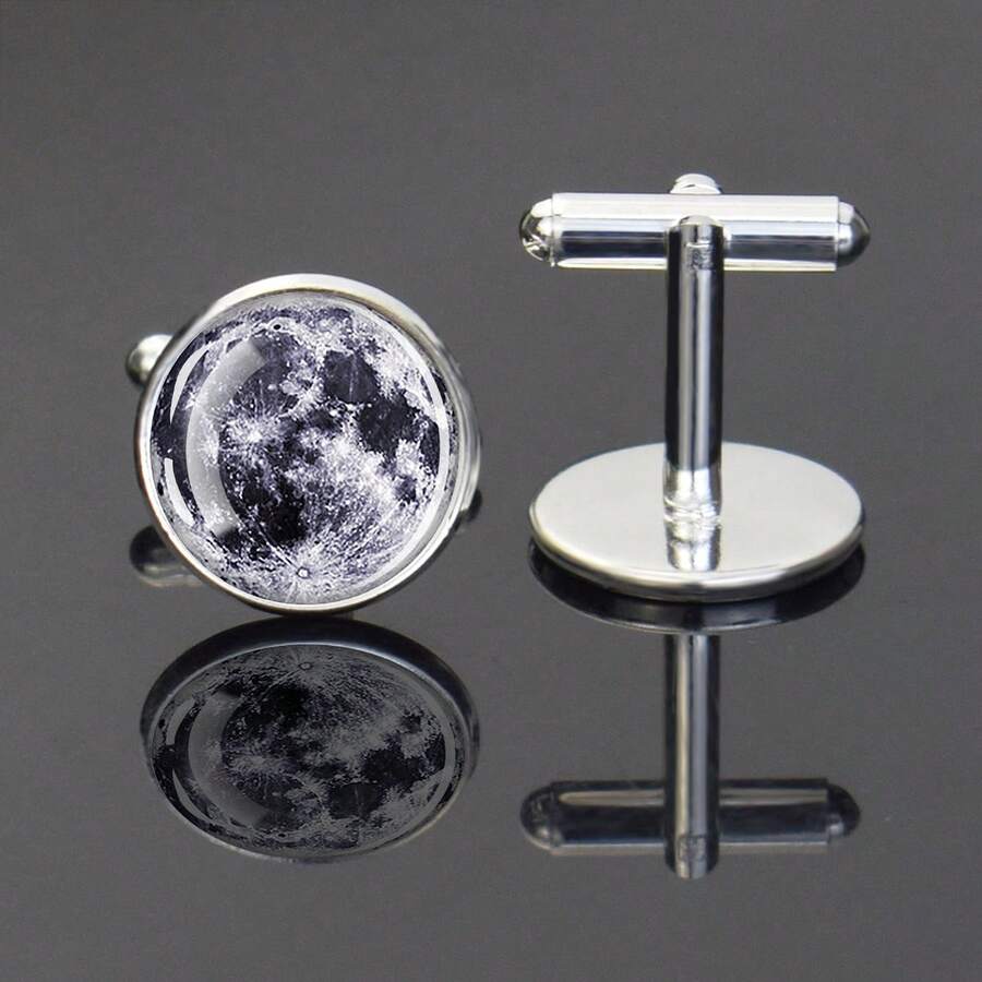 一对地球、月球、木星造型金属合金袖扣，镶嵌玻璃，天文主题珠宝礼品 - style - 查看 1