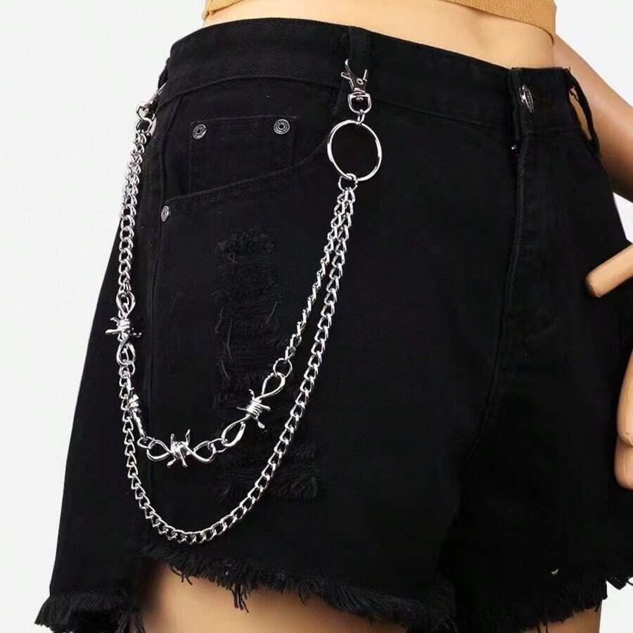 1PC Silver-Tone & Turquoise Waist Chain Pendant: Ornate Alloy Accessory With Oval Turquoise Center & Surrounding Gemstone Details, Functional Keychain Design With Dangle Bell – Western-Boho Statement Piece To Elevate Pants, Jeans & Casual Ensembles – Perfect Valentine's & Ramadan Gift For Him/Her - Silver Sapphire - View 1