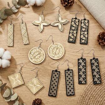7对/套女士吊坠耳环，激光切割曼陀罗水滴形木质耳环，简约风格，女士礼物，适合派对、生日、圣诞节等场合。