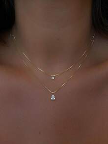 1pc Minimalist Water Drop Cubic Zirconia Double Layer Pendant Necklace, Suitable For Women's Daily, Date, Party Wear - Yellow Gold - View 1