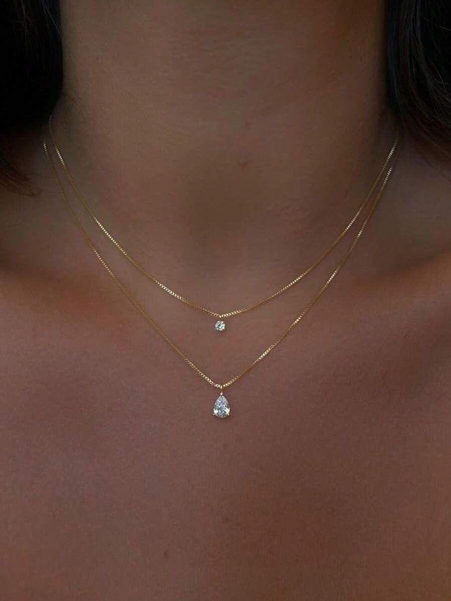 1pc Minimalist Water Drop Cubic Zirconia Double Layer Pendant Necklace, Suitable For Women's Daily, Date, Party Wear - Yellow Gold - View 1