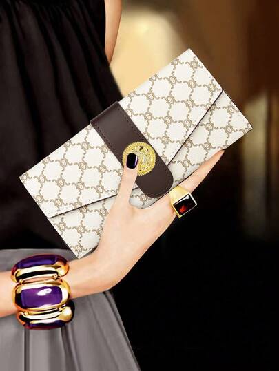 Contrast Color Metal Decor PU Clutch Wallet Fashionable & Versatile Suitable For Women Elegant Bifold Wallet Purse Wallet Cute Stuff Money Wallet Long Wallet